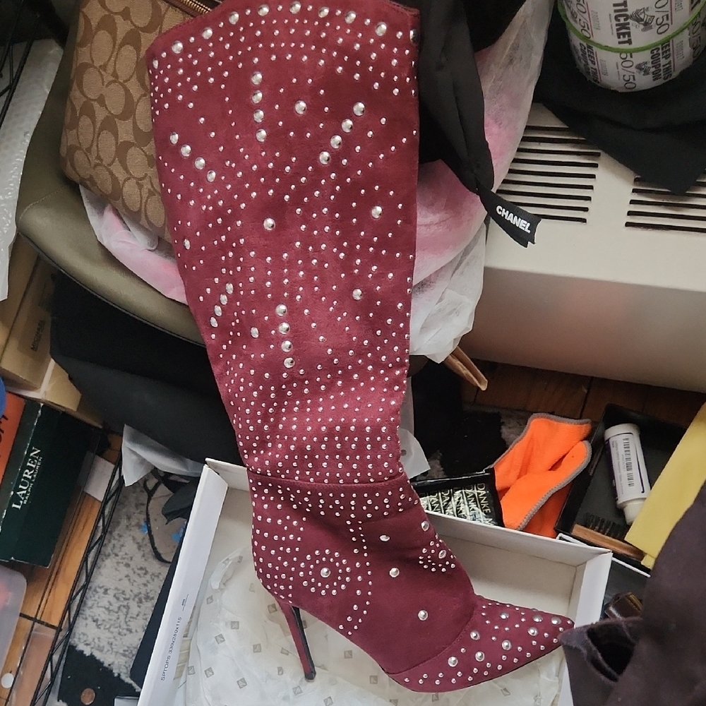 Elegant Burgundy Studded Heeled Boots